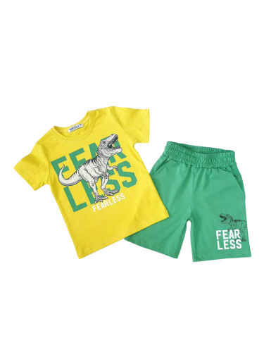 Комплект за момче от къси панталонки в зелено и тениска в жълто 