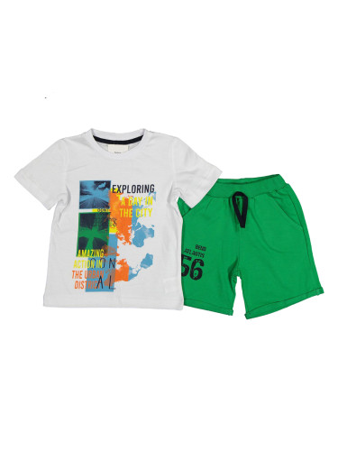 Комплект за момче от къси панталонки в зелено и тениска в бяло
