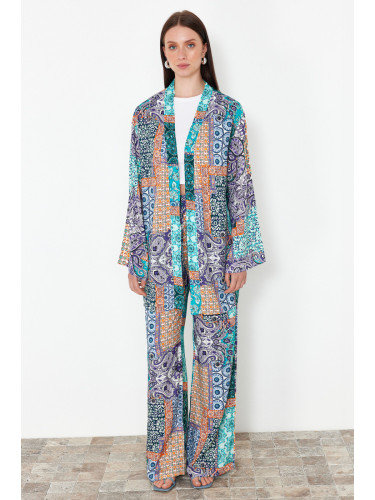 Trendyol Blue Shawl Pattern Kimono and Wide Leg Wide Leg Viscose Woven Bottom Top Set