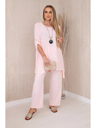 Women's summer set blouse + trousers with pendant light - powder pink