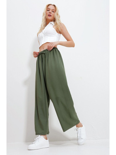 Trend Alaçatı Stili Women's Khaki Elastic Waist Wide Leg Loose Woven Trousers