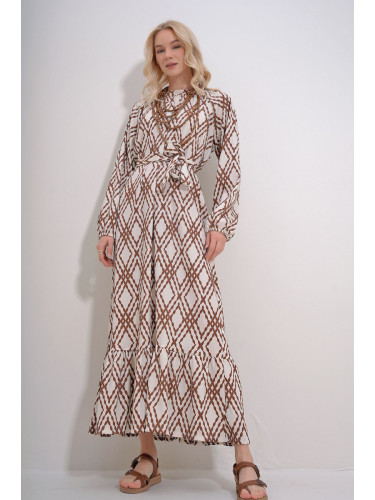 Trend Alaçatı Stili Women's Brown Crew Neck Waist Belted Skirt Flounced Patterned Dress