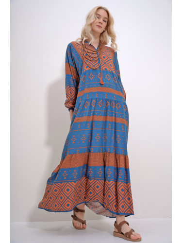 Trend Alaçatı Stili Women's Brown-Blue Collar Tassel Detailed Layered Flounced Ethnic Patterned Woven Viscose Dress