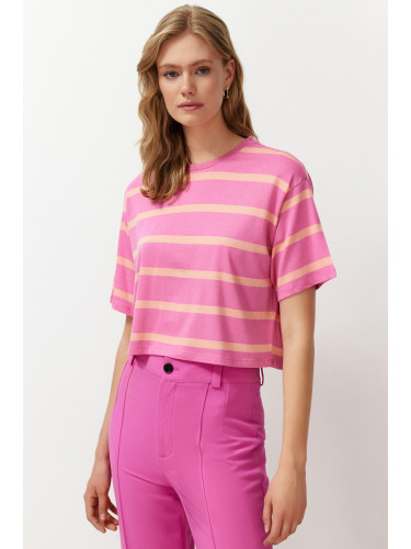 Trendyol Pink Striped Relaxed Crop Stretchy Knitted T-Shirt