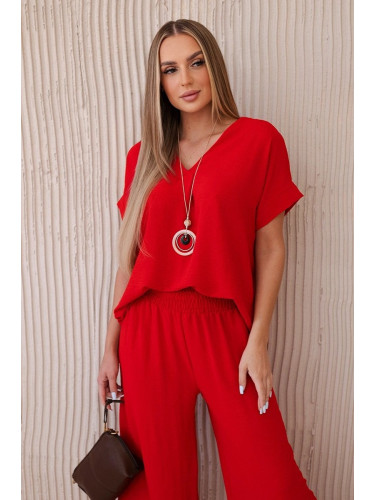 Women's summer set with necklace, blouse + trousers - red