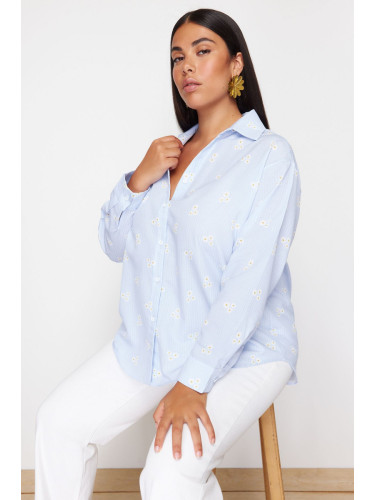 Trendyol Curve Blue Striped Floral Cotton Woven Plus Size Shirt