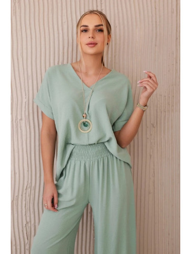 Women's summer set with necklace, blouse + trousers - dark mint