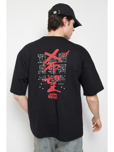 Trendyol Black Oversize Short Sleeve Oriental Embroidered/Printed Back T-shirt