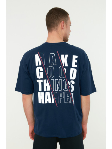 Trendyol Navy Blue Oversize Text Printed 100% Cotton T-Shirt