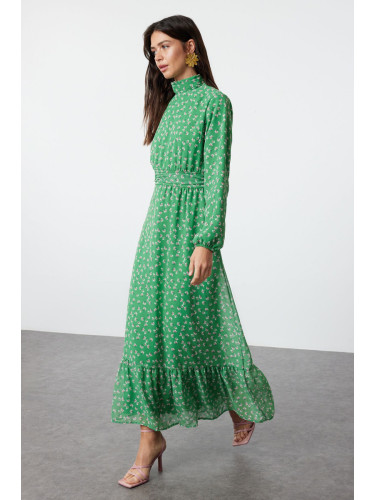 Trendyol Green Floral High Collar Waist Detailed Lined Chiffon Woven Dress