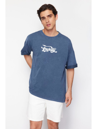 Trendyol Indigo Oversize/Wide Cut Vintage Faded Effect 100% Cotton T-Shirt