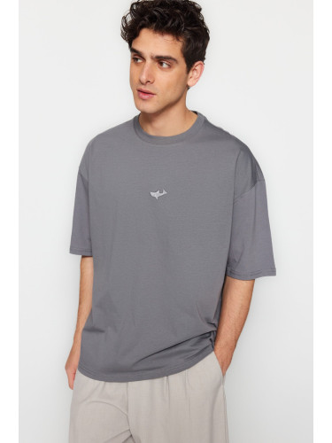 Trendyol Anthracite Oversize Fit Crew Neck Short Sleeve Shark Embroidered T-Shirt