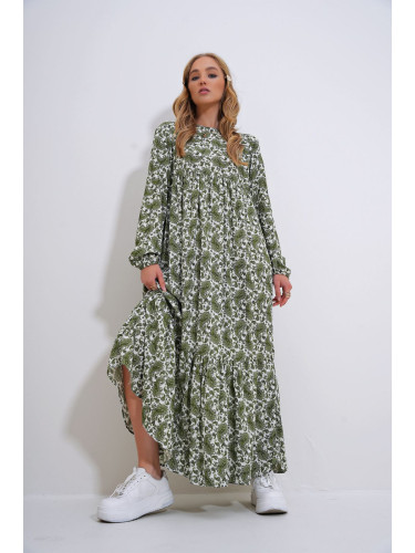 Trend Alaçatı Stili Women's Green Crew Neck Patterned Skirt Flounced Woven Viscose Dress