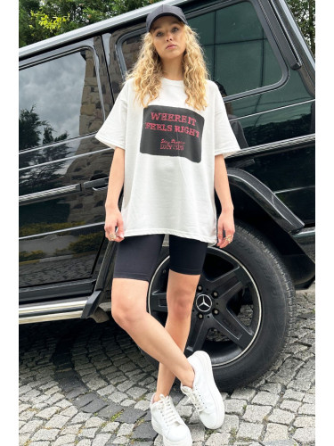 Trend Alaçatı Stili Woman's Black Crew Neck Printed Oversize T-Shirt