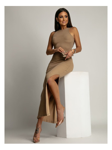 Fitted basic dress with cut-out on the back beige