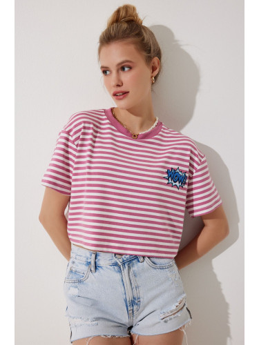 Happiness İstanbul Women's Pink Embroidery Detailed Striped 100% Cotton Crop Knitted T-Shirt