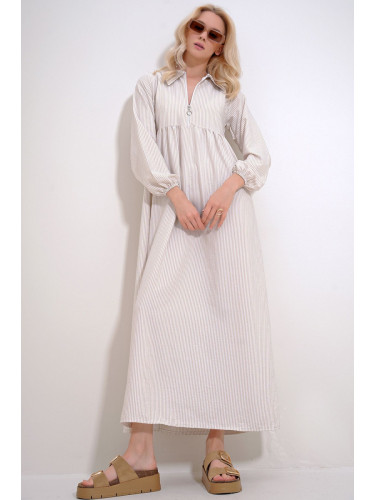 Trend Alaçatı Stili Women's Mink Shirt Collar Zippered Front Striped Woven Maxi Dress