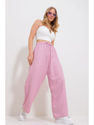 Trend Alaçatı Stili Women's Pink Elastic Waist Wide Leg Loose Woven Trousers