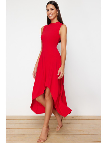 Trendyol Red Asymmetric High Neck Zero Sleeve Flexible Knitted Midi Dress