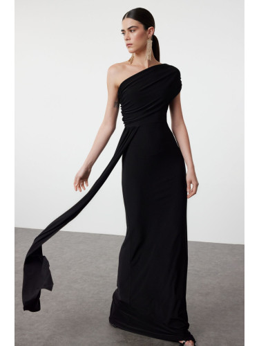 Trendyol Black Fitted Asymmetrical Neckline Waist Detailed Woven Long Elegant Evening Dress