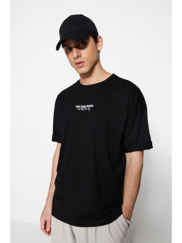 Trendyol Black Oversize 100% Cotton Minimal Text Printed T-Shirt