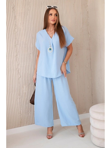 Women's Summer Set with Necklace Blouse + Trousers - Light Blue