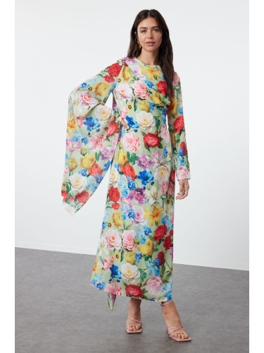Trendyol Green Shawl Collar Floral Patterned Woven Evening Dress
