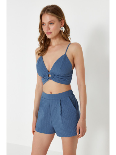 Trendyol Blue Woven Accessory Blouse Shorts Set