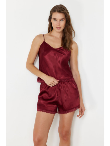 Trendyol Burgundy Lace Detailed Satin Woven Pajama Set