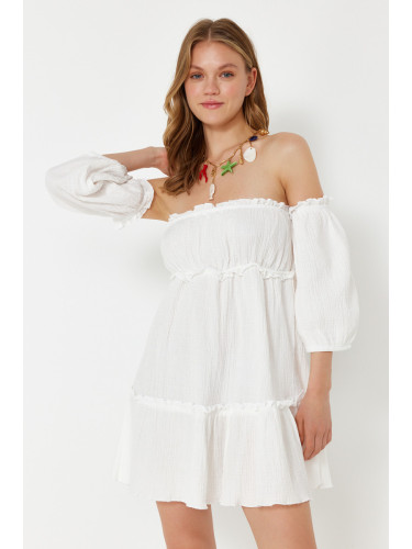 Trendyol White Mini Woven Ruffle Muslin Beach Dress