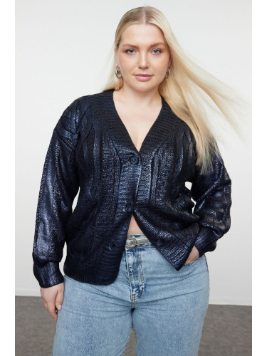 Trendyol Curve Navy Blue Coated Shiny/Gold Knitted Sweater Cardigan