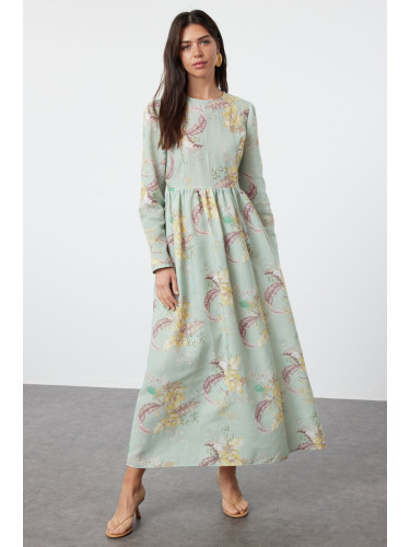 Trendyol Mint Floral Linen Look Woven Dress