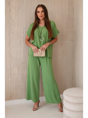 Women's summer set with necklace, blouse + trousers - olive