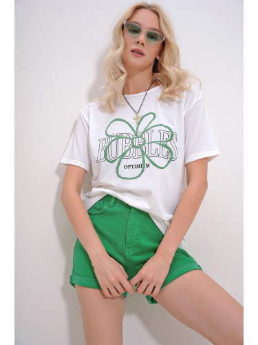 Trend Alaçatı Stili Women's White Crew Neck Flock Printed T-Shirt