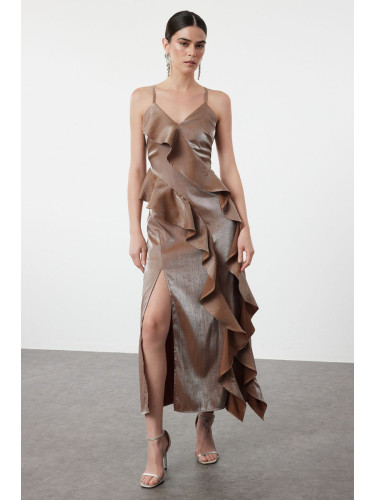 Trendyol Brown Metallic Look Flounce Detailed Woven Dress
