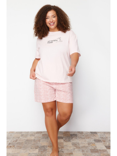 Trendyol Curve Powder Striped Slogan Printed Knitted Pajamas Set