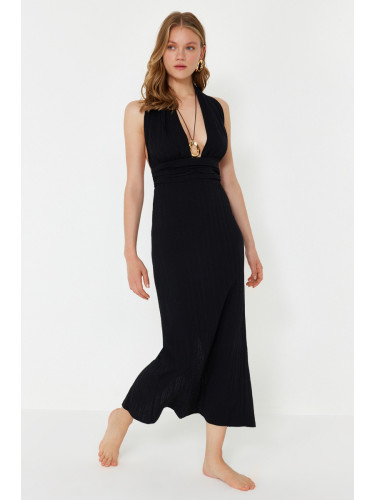 Trendyol Black Maxi Woven Back Low-cut Linen Blended Beach Dress