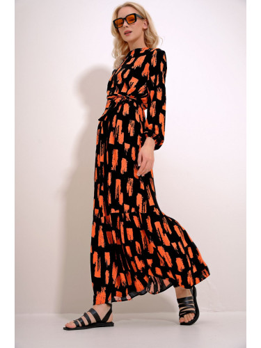 Trend Alaçatı Stili Women's Black-Orange Crew Neck Patterned Skirt Flounce Belted Waist Maxiboy Dress