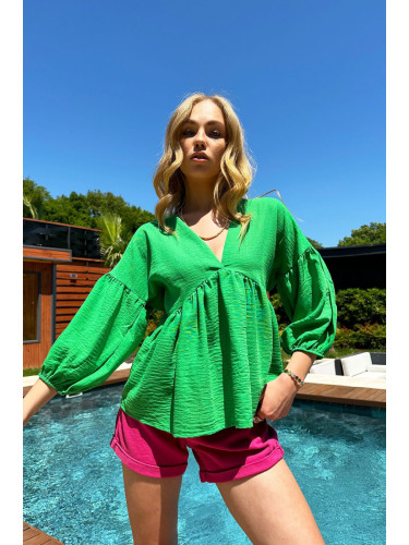 Trend Alaçatı Stili Woman's Green V-Neck Watermelon Sleeve Flywheel Aerobin Linen Blouse