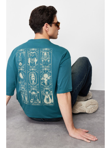 Trendyol Emerald Green Oversize/Wide Cut 100% Cotton Tarot Printed T-Shirt