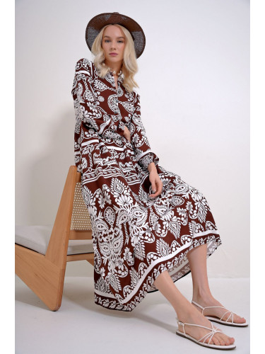 Trend Alaçatı Stili Women's Coffee Robe Button Detailed Flounce Patterned Woven Viscose Dress
