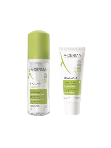 A-Derma Biology Почистваща дерматологична пяна за лице 150 ml + Хидратиращ крем за лице 40 ml