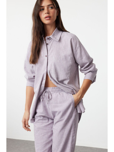 Trendyol Lilac Linen Look Oversize Striped Shirt