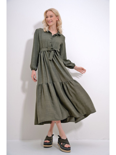 Trend Alaçatı Stili Women's Khaki Buttoned Front Skirt Flounced Flamed Linen Maxiboy Dress