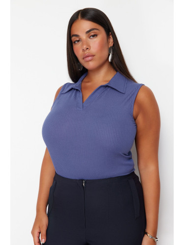 Trendyol Curve Blue Fitted Polo Neck Stretchy Knitted Blouse