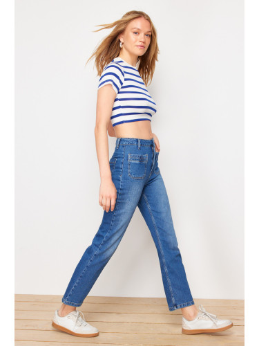 Trendyol Blue Pocket Detailed High Waist Straight Jeans