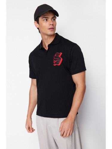 Trendyol Black Oversize/Wide Cut Letter Embroidered Polo Neck T-shirt