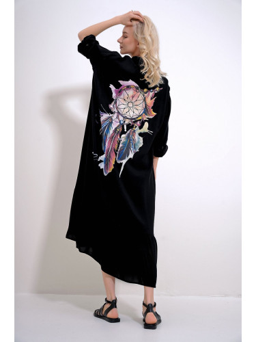 Trend Alaçatı Stili Women's Black Single Pocket Skirt Flounced Back Printed Woven Viscose Shirt Dress