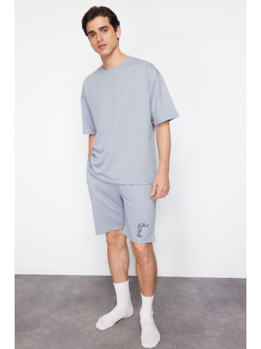 Trendyol Gray Oversize Printed Knitted Pajama Set with Shorts