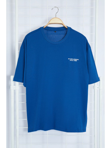 Trendyol Indigo Oversize/Wide Cut Text Printed Short Sleeve 100% Cotton T-Shirt